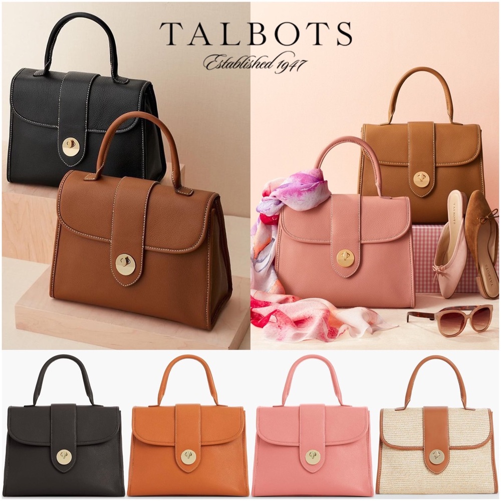 👜 Talbots, Cognac Soft Grain Pebbled Leather Top-Handle Satchel Bag